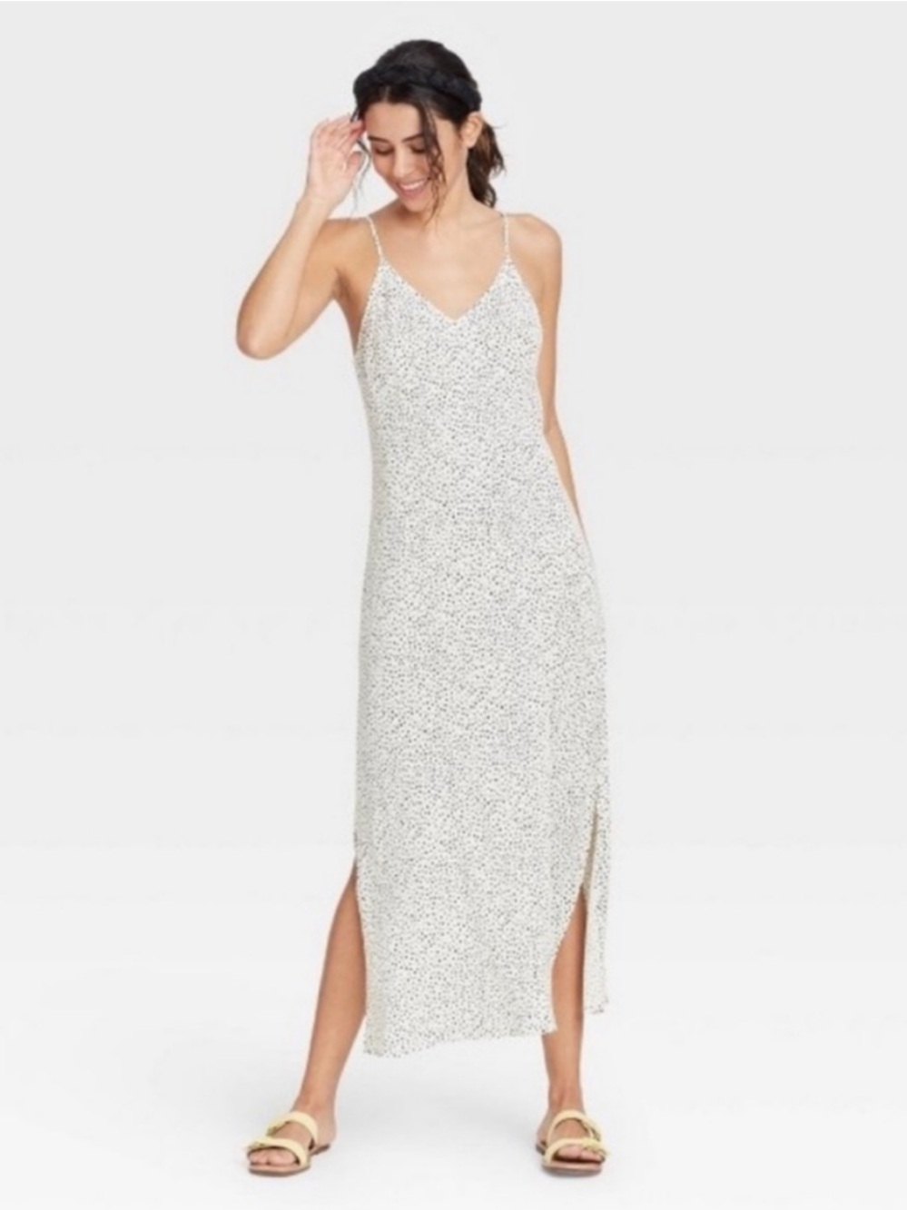 A New Day White Midi Dress with Black Polka Dots and Side Slits Size Small